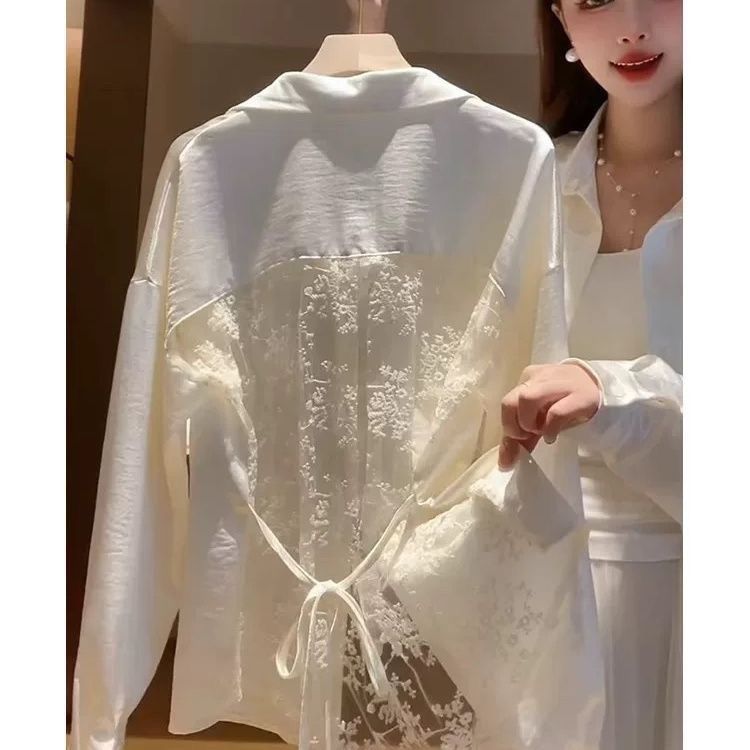 高级感蕾丝拼接露背绑带长袖衬衫