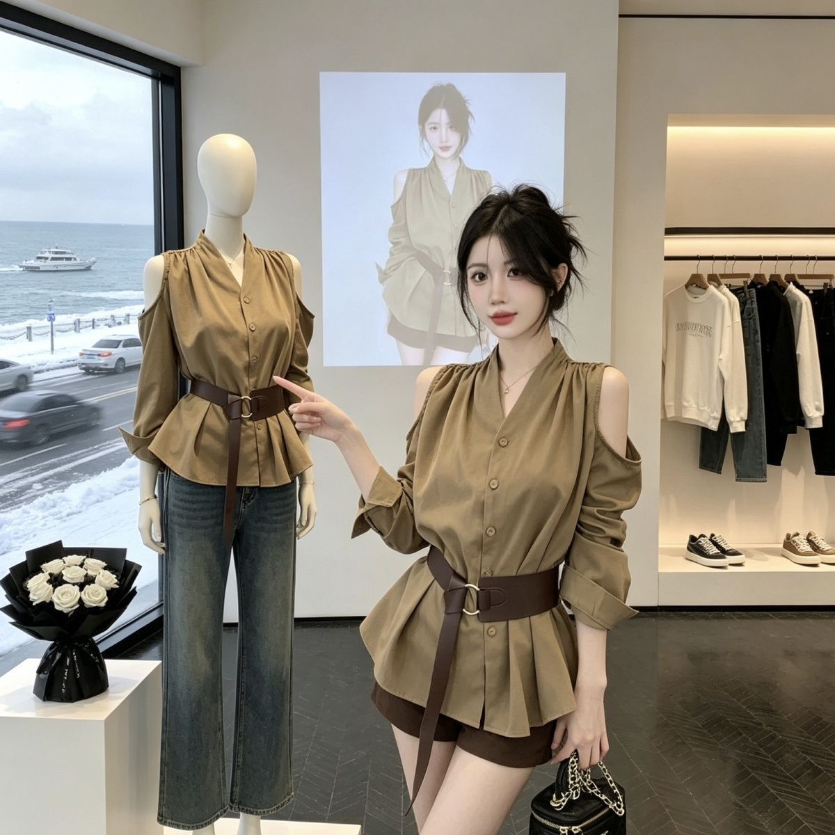 独特别致法式露肩V领长袖衬衫女春季大码胖绑带收腰高级感上衣