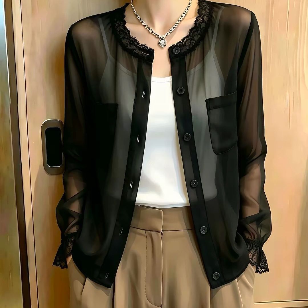 衬衫宽松女装通勤风黑色网纱蕾丝拼接开衫女长袖薄款防晒衫上衣