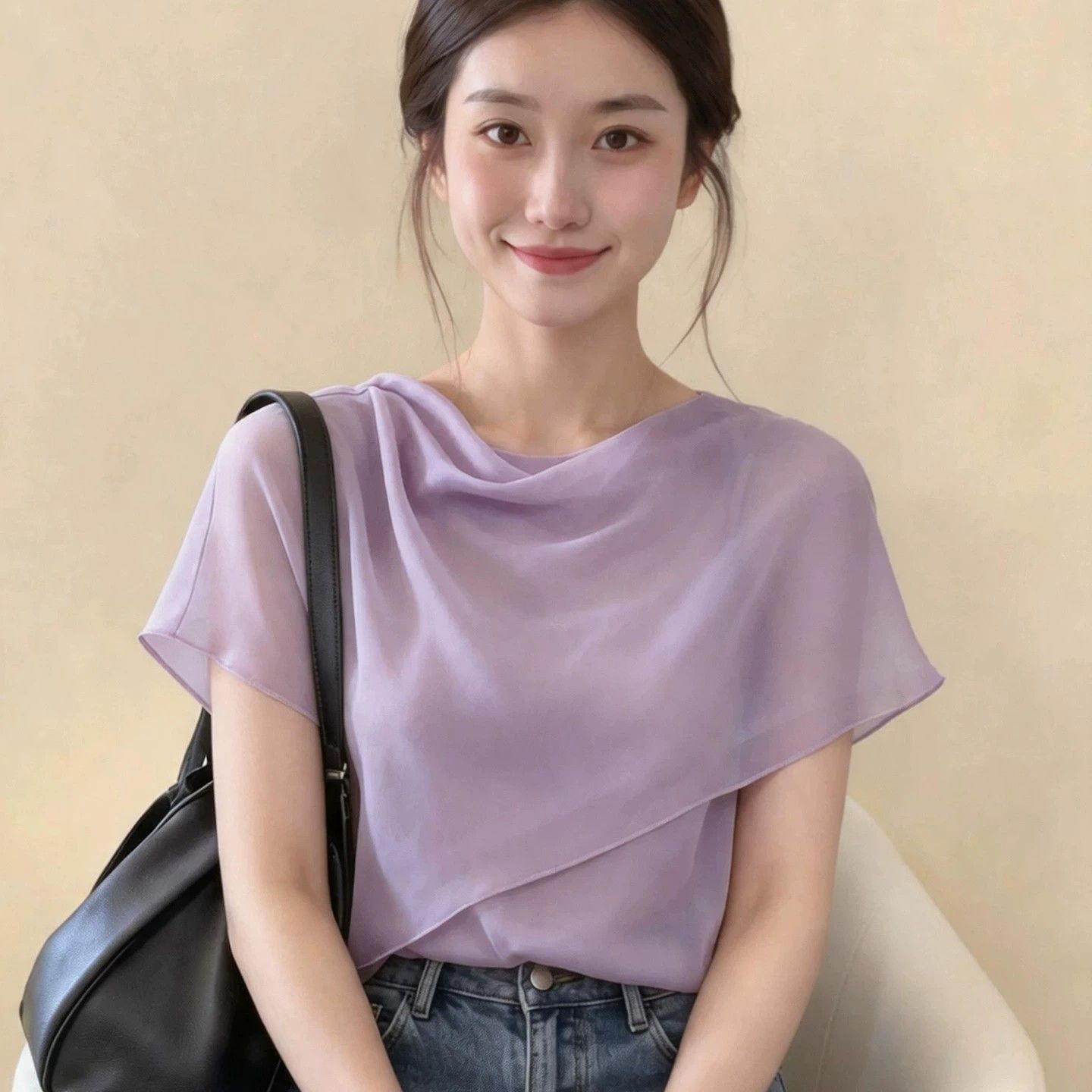 紫色荡领披肩短袖T恤女2026夏季新款设计感小众巨好看的气质上衣
