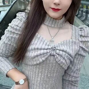 秋冬款半高领网纱拼接设计长袖减龄T恤洋气韩版修身女款打底衫潮