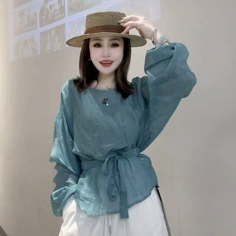 圆领套头女装休闲风设计感系带收腰衬衫女长袖宽松显瘦蓝色上衣