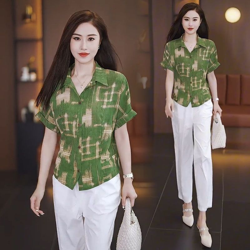 2025印花短袖夏季衬衫新款妈妈衬衣百搭时尚显瘦减龄上衣宽松