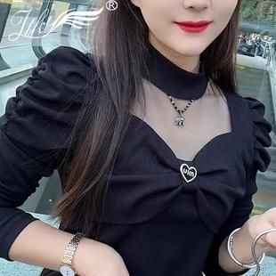 气质泡泡袖 法式 显瘦网红镂空时尚 女早秋新款 百搭上衣 蝴蝶结衬衫