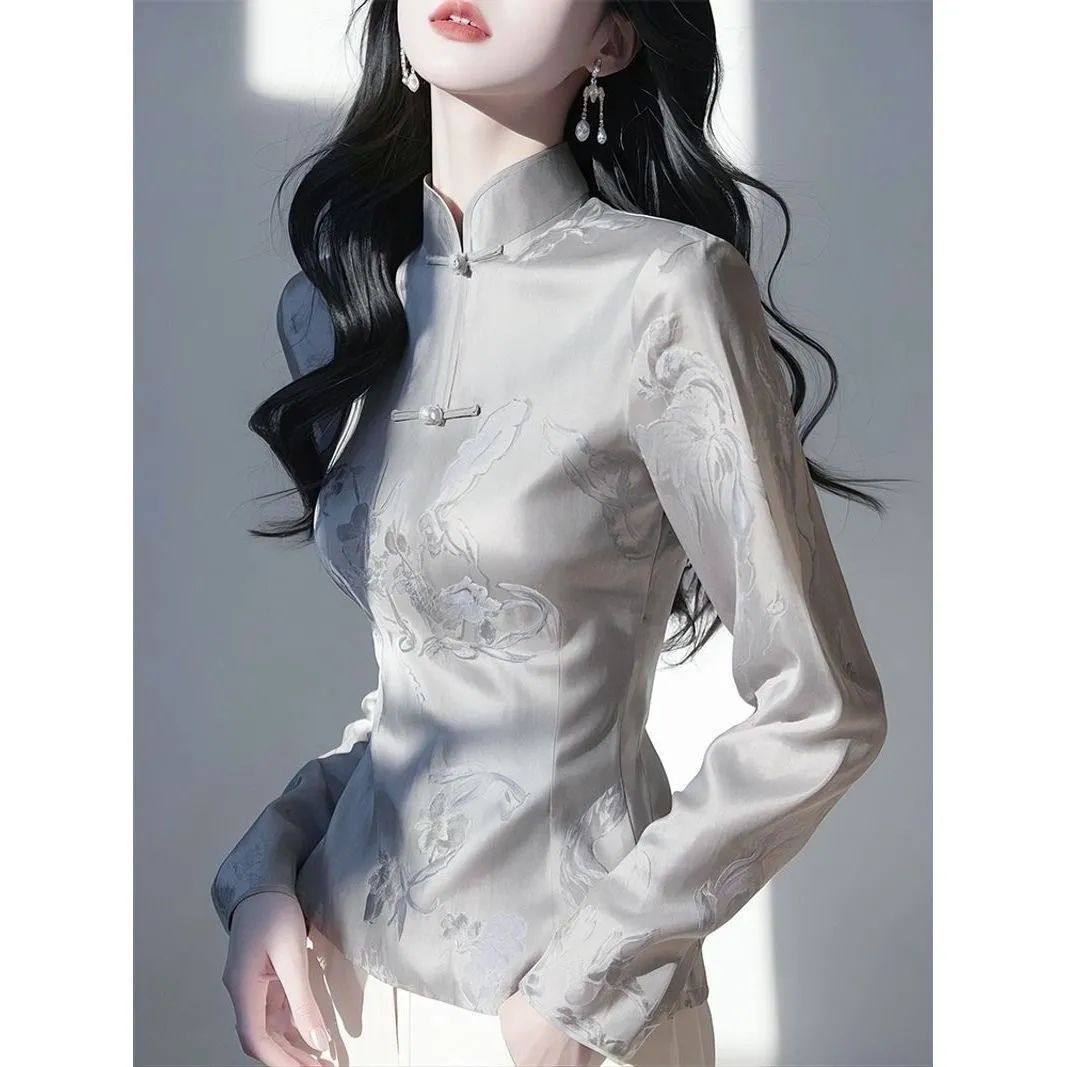 新中式灰色衬衫女超好看独特盘扣立领高级感气质国风上衣2026秋季