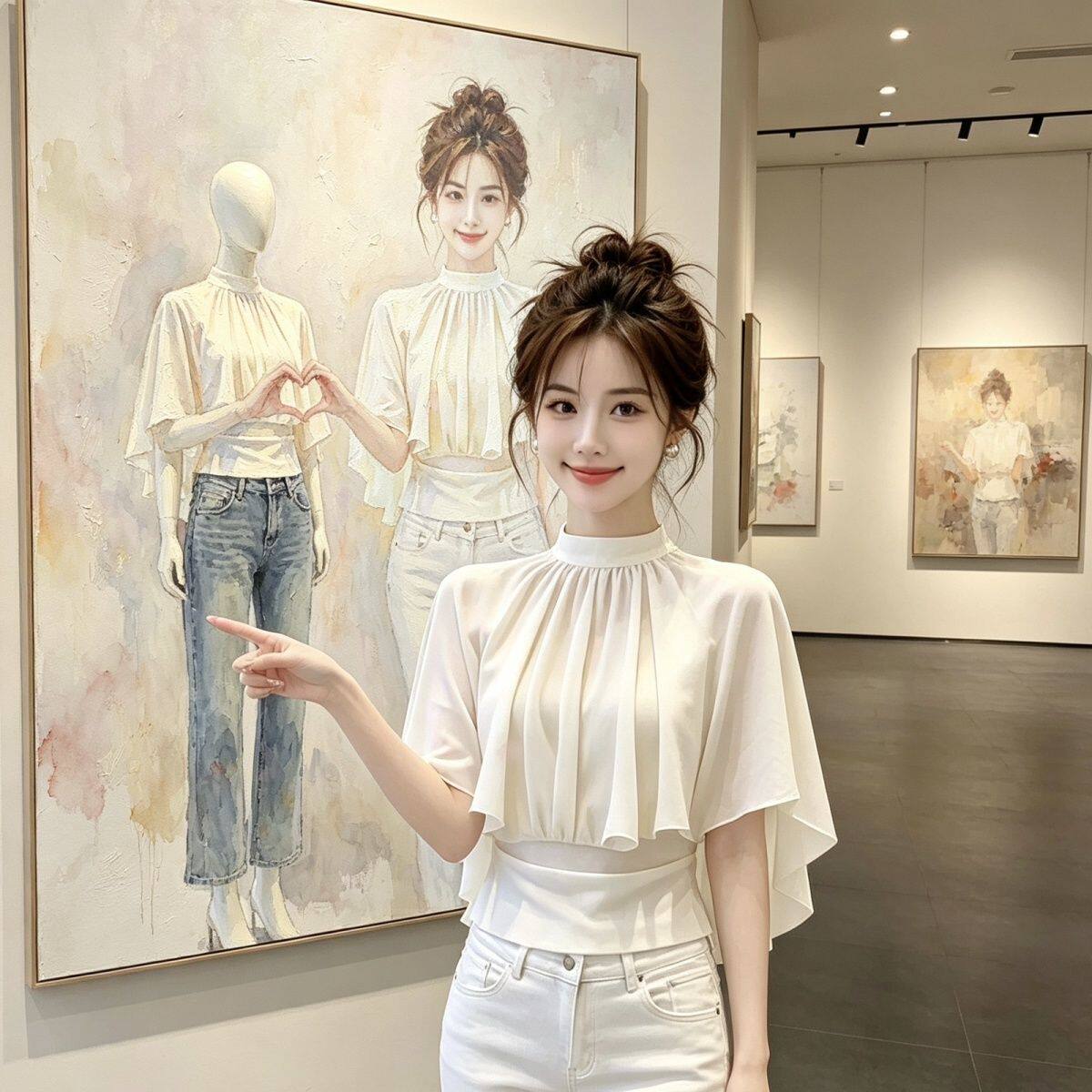 纯欲温柔圆领斗篷雪纺衫女夏季修身显瘦绝美小衫飘逸气质短袖上衣