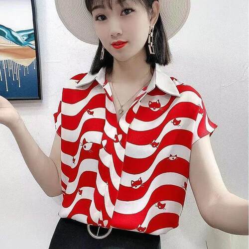 雪纺女短袖2026夏季条纹新款宽松气质衬衫时尚洋气透气小衫上衣潮