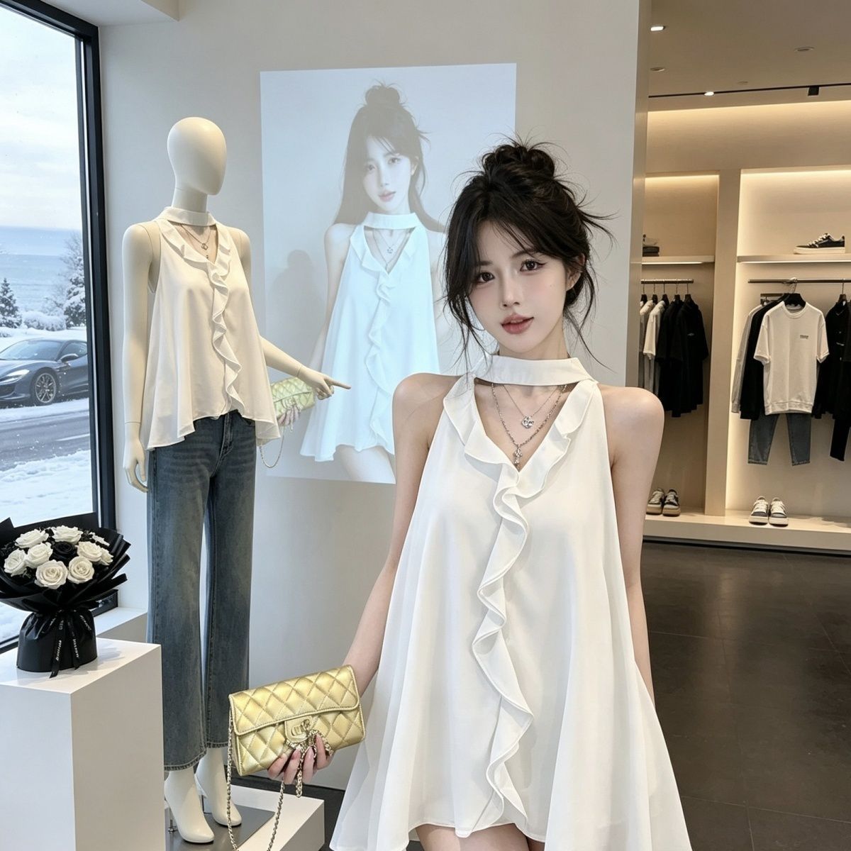 2026通勤夏季法式V领荷叶边雪纺衫女无袖挂脖宽松显瘦白色上衣
