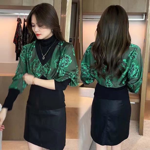 假两件蝙蝠衫长袖T恤女2026秋季新款时尚拼接格子高领打底衫上衣