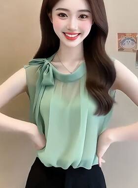 绿色蝴蝶结绑带背心衬衫女款2026夏季设计感小众显瘦气质雪纺上衣