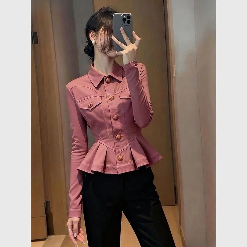 2025新款粉红色短外套女装春秋时髦洋气独特别致气质减龄掐腰上衣