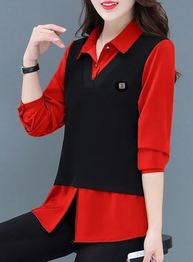 2026秋季新款假两件衬衫女上衣显瘦遮肉妈妈装大码女装洋气打底衫