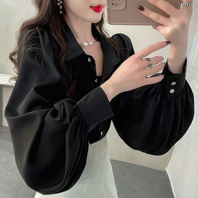 大码灯笼袖衬衫女高级感轻奢减龄洋气衬衣气质翻领纯色雪纺上衣春