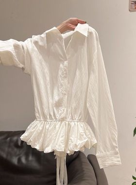 白色POLO领花苞下摆长袖衬衫女2025年秋季设计感褶皱收腰气质上衣