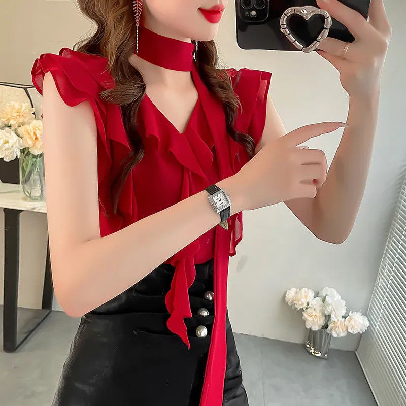 韩版显白黑色荷叶边V领系带衬衫上衣女显瘦设计感飞飞袖夏装