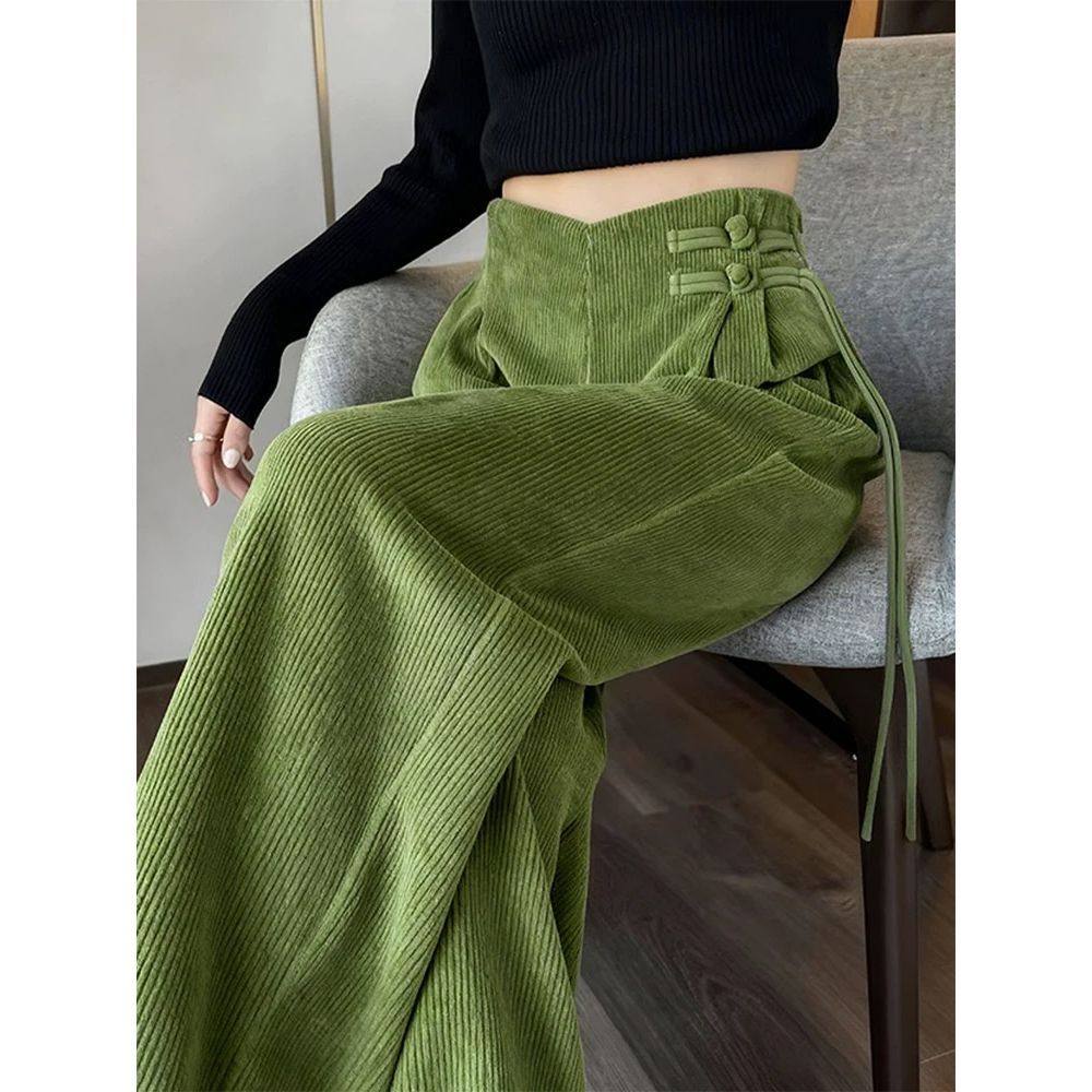 新中式国风橄榄绿色灯芯绒流苏盘扣阔腿裤冬季宽松慵懒风保暖裤子,女装/女士精品,休闲裤,淘宝优惠券,粉丝福利购,淘宝优惠卷