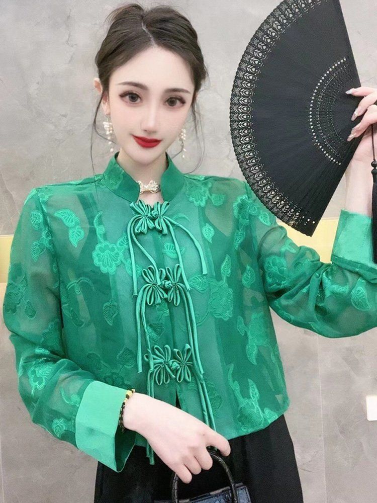 中式国风外套女复古立领盘扣提花防晒上衣改良国潮宽松洋气女装