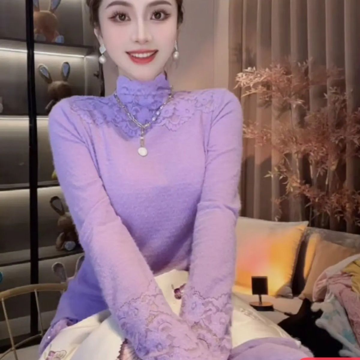 半高领紫色蕾丝拼接打底衫内搭女装秋冬韩系穿搭修身显瘦法式上衣