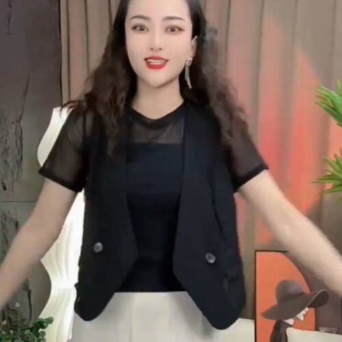 黑色薄款网纱马甲背心女