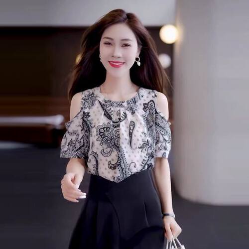 时尚洋气露肩碎花雪纺衫女