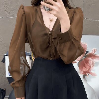 法式轻熟风性感百搭防晒泡泡袖衬衫女夏季御姐风潮流通勤宽松上衣