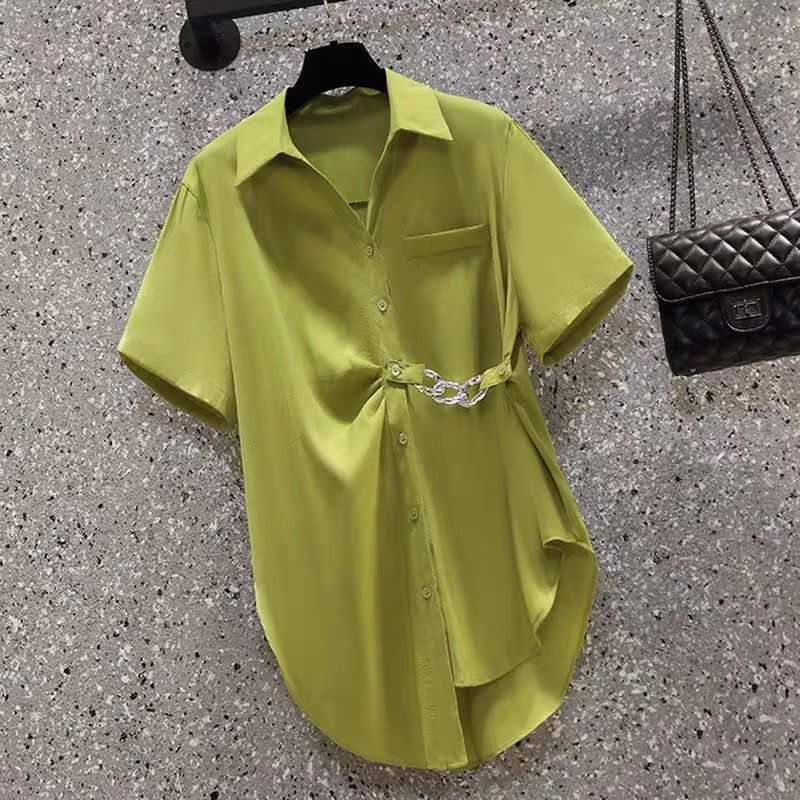 大码女装夏季女2026新款气质显瘦绿色衬衫胖妹妹遮肉减龄衬衣潮
