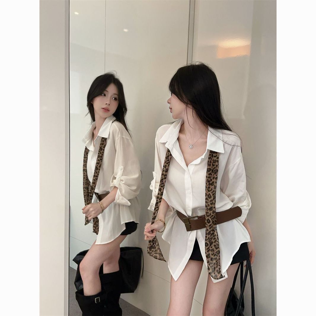 不规则豹纹领带衬衫女秋季中长款配腰带上衣设计感小众高级感衬衣