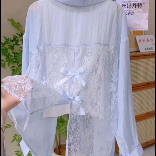 新款韩版宽松蝴蝶结浅蓝色衬衫女