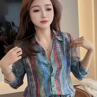 2025夏季 宽松显瘦百搭减龄小众上衣港风复古撞色条纹长袖 衬衫 女装