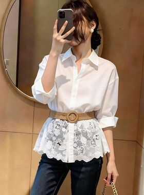 2026春季长袖单排扣polo领衬衫小众别致蕾丝拼接设计感法式衬衣女