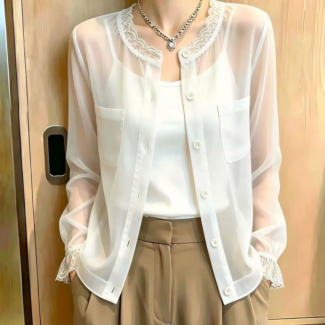 宽松2026夏通勤风白色网纱蕾丝开衫女长袖防晒衬衫显瘦高级感上衣