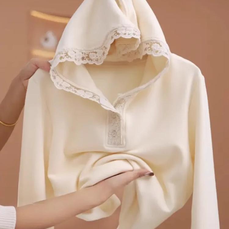 大码女装蕾丝拼接连帽长袖别致T恤秋季新款显瘦高级感针织打底衫