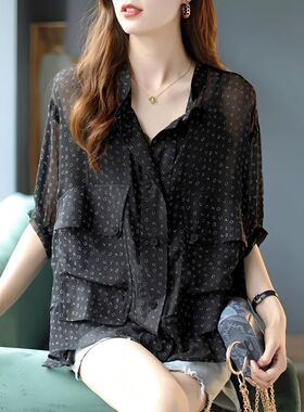 2026春夏新款五分袖雪纺衫上衣字母印花外套宽松薄款防晒衣女短袖