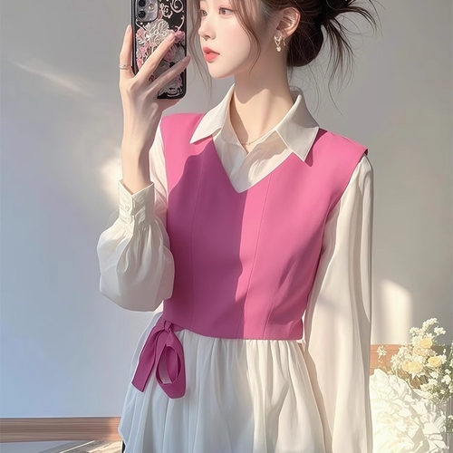 2026年新款爆款小衫春装女轻奢高级感收腰假两件长袖雪纺衬衫