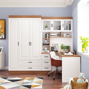 转角书柜电脑桌 儿童书桌连体组合衣柜 书架学习桌一体储物柜桌子