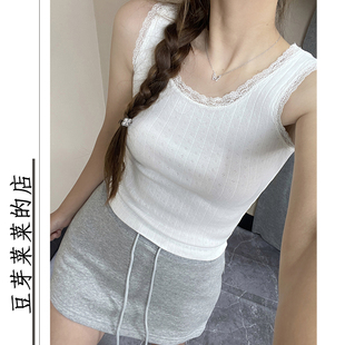 纯欲风蕾丝圆领修身 短款 吊带背心bm白色镂空棉短款 性感内搭打底衫