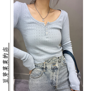 T恤女上衣内搭棉bm露锁骨圆领三粒扣短打底衫 辣妹露肚脐修身 长袖