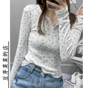 亨利领碎花镂空长袖上衣brandy复古三粒扣bm修身短T恤女打底衫朝