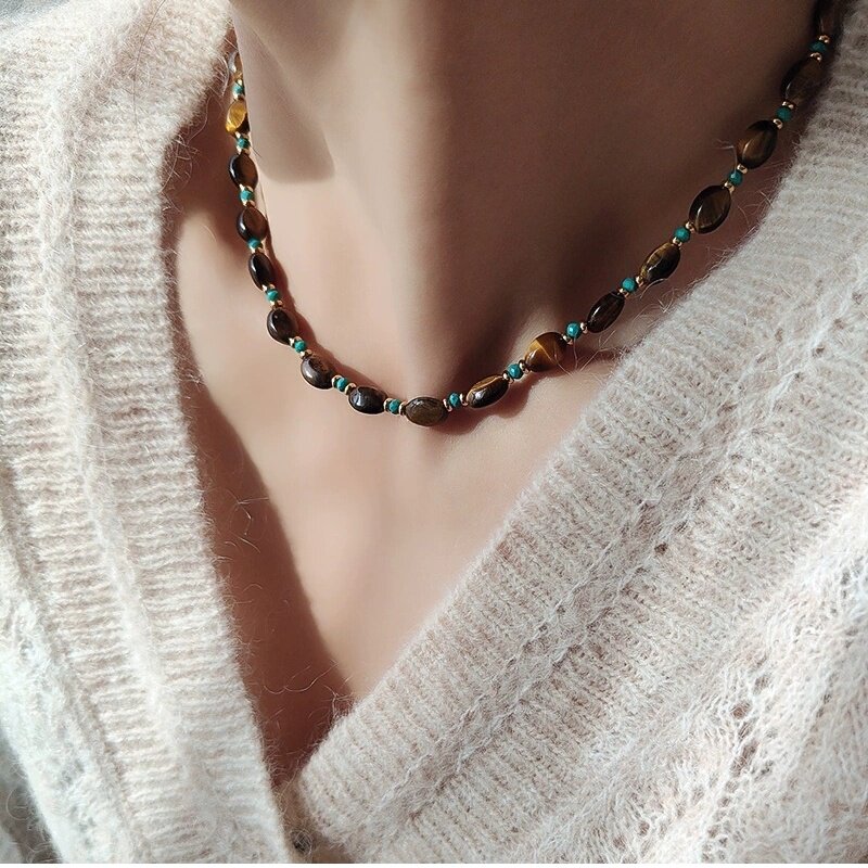 中古美拉德虎眼石天然玛瑙天然蓝松石项链小众复古毛衣链项链