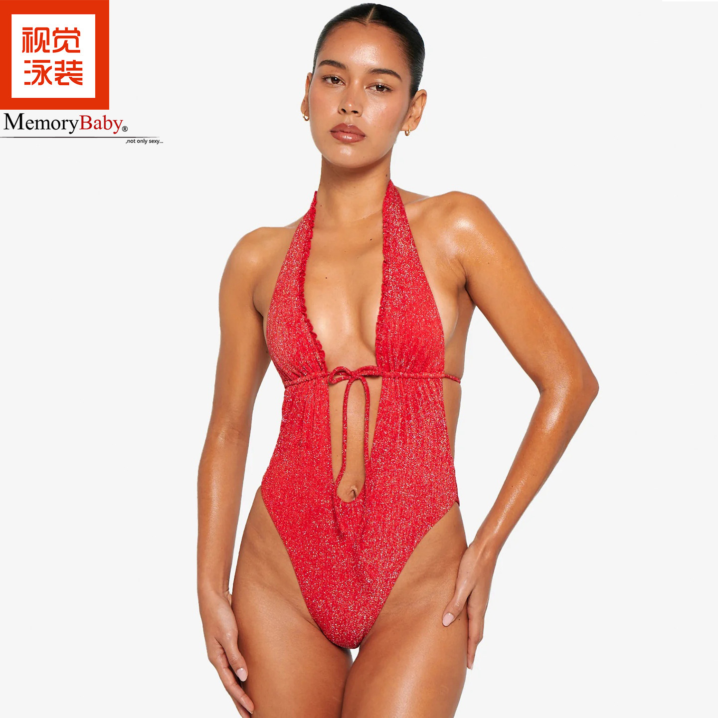 MEMORYBABY欧美性感系脖深V领连体泳衣女红色亮片镂空修身泳装