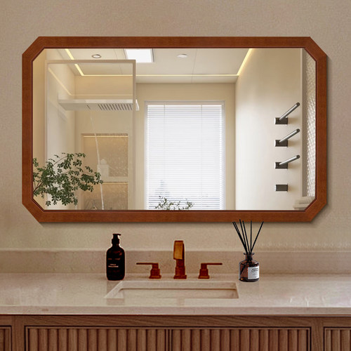 奥比木中古风八角形实木浴室镜