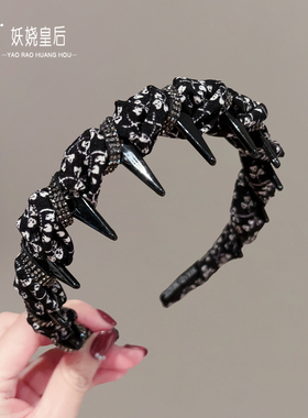 黑色碎花布艺双层缎面缠绕发箍时尚百搭甜美气质带齿防滑波浪头箍