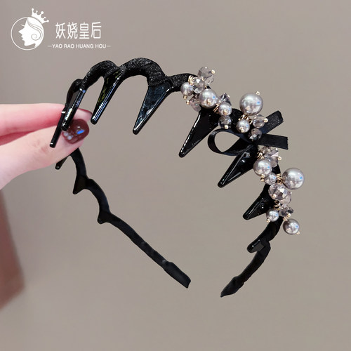 韩系轻奢高级感珍珠水晶蝴蝶结发箍精致带齿洗脸防滑压发头箍发饰
