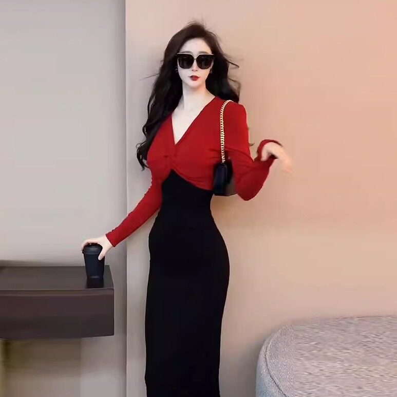 连衣裙春秋新款假两件纯欲风收腰显瘦遮肚子高级感惊艳高腰包臀裙
