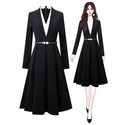 秋冬款轻奢V领连衣裙收腰垂坠感