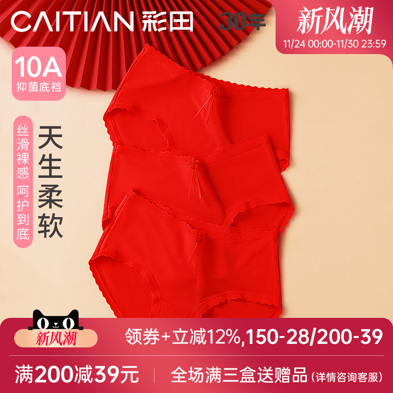 彩田4条装大红内裤女莫代尔内裤