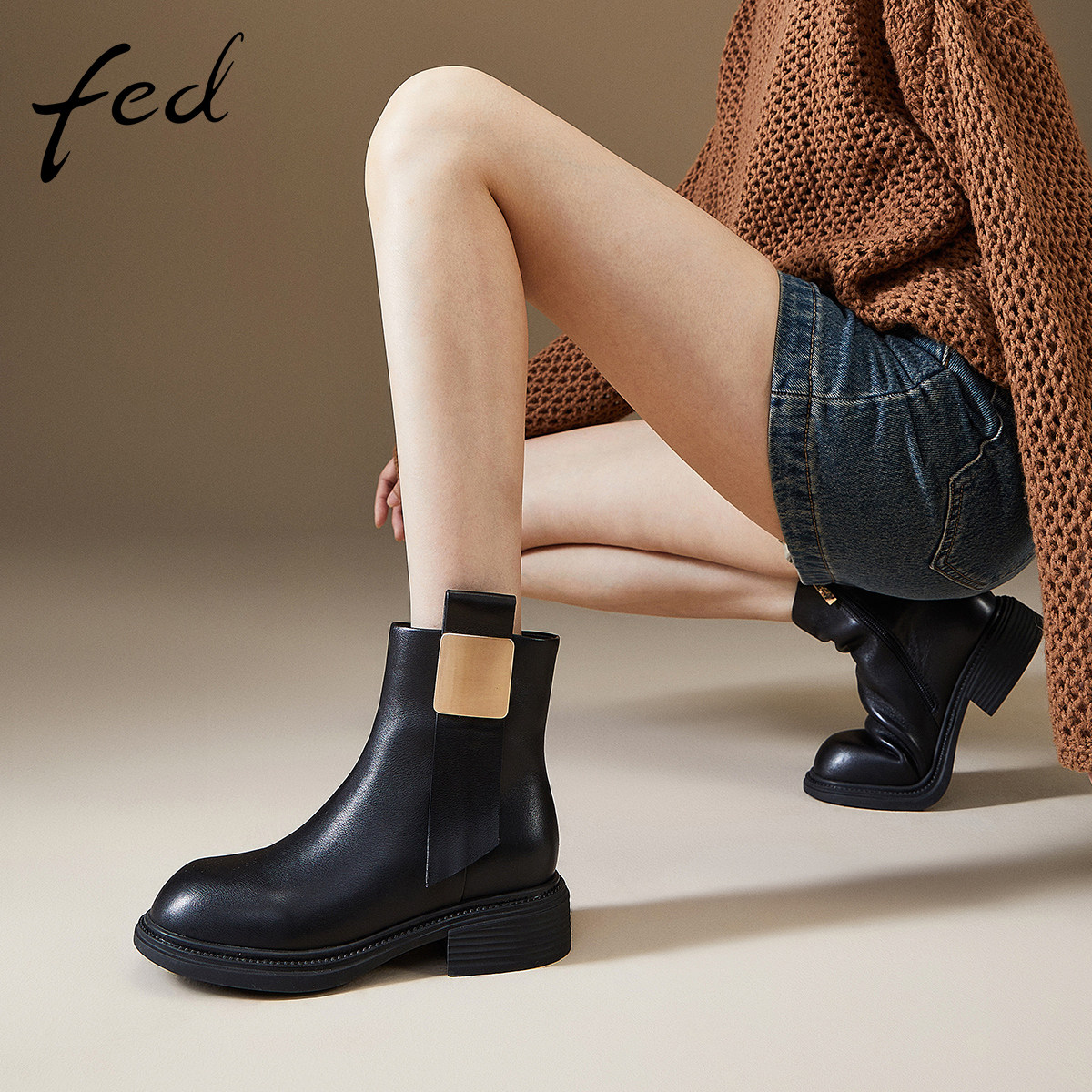 fed女鞋厚底短靴真皮秋冬新款圆头中跟机车马丁靴子加绒切尔西靴
