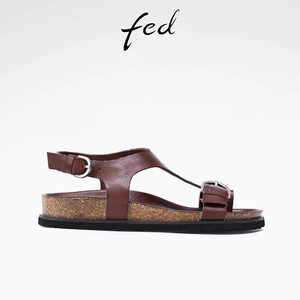 fed水洗马皮26夏季新款女凉鞋户外真皮一字带平底沙滩罗马凉鞋女