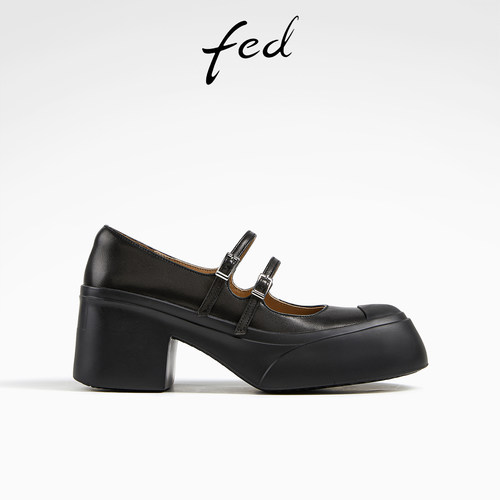 fed粗跟小皮鞋秋季新款女鞋黑色玛丽珍鞋通勤单鞋女款D0816-YA019