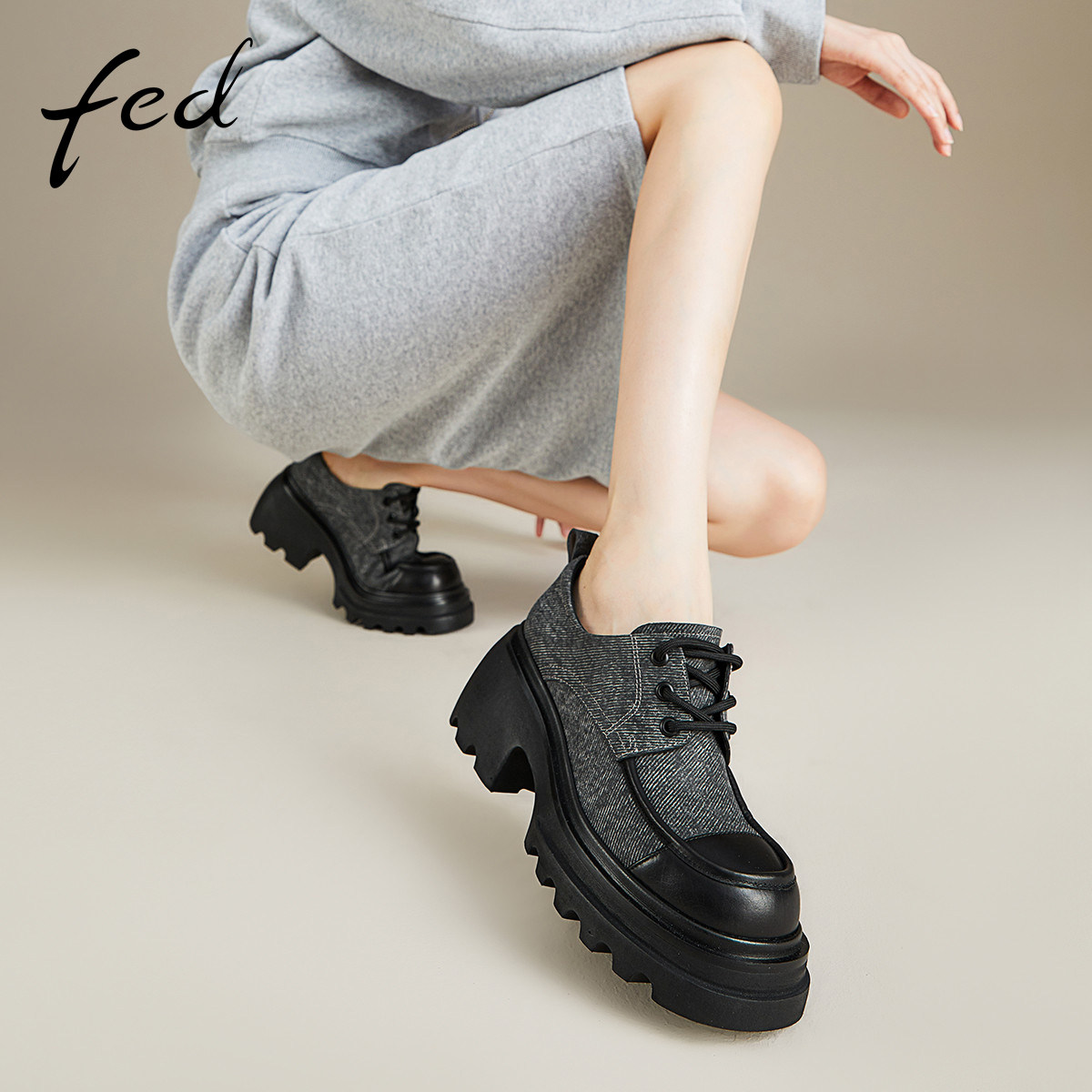 fed真皮女鞋春百搭松糕厚底粗跟单鞋女英伦小皮鞋牛津鞋乐福鞋女